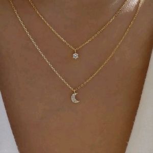 Gold Layered Necklace with Moon and Jewel